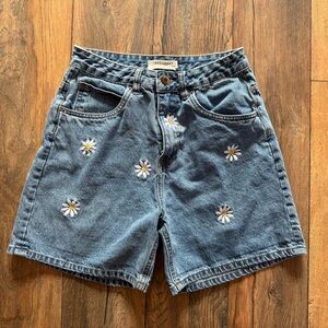 Embroidered Daisy Denim High-Waisted Shorts